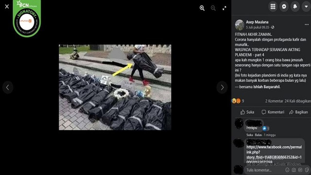 Gambar Tangkapan Layar Foto yang Diklaim Seseorang Mampu Mengangkat Jenazah dengan Satu Tangan (sumber: Facebook).