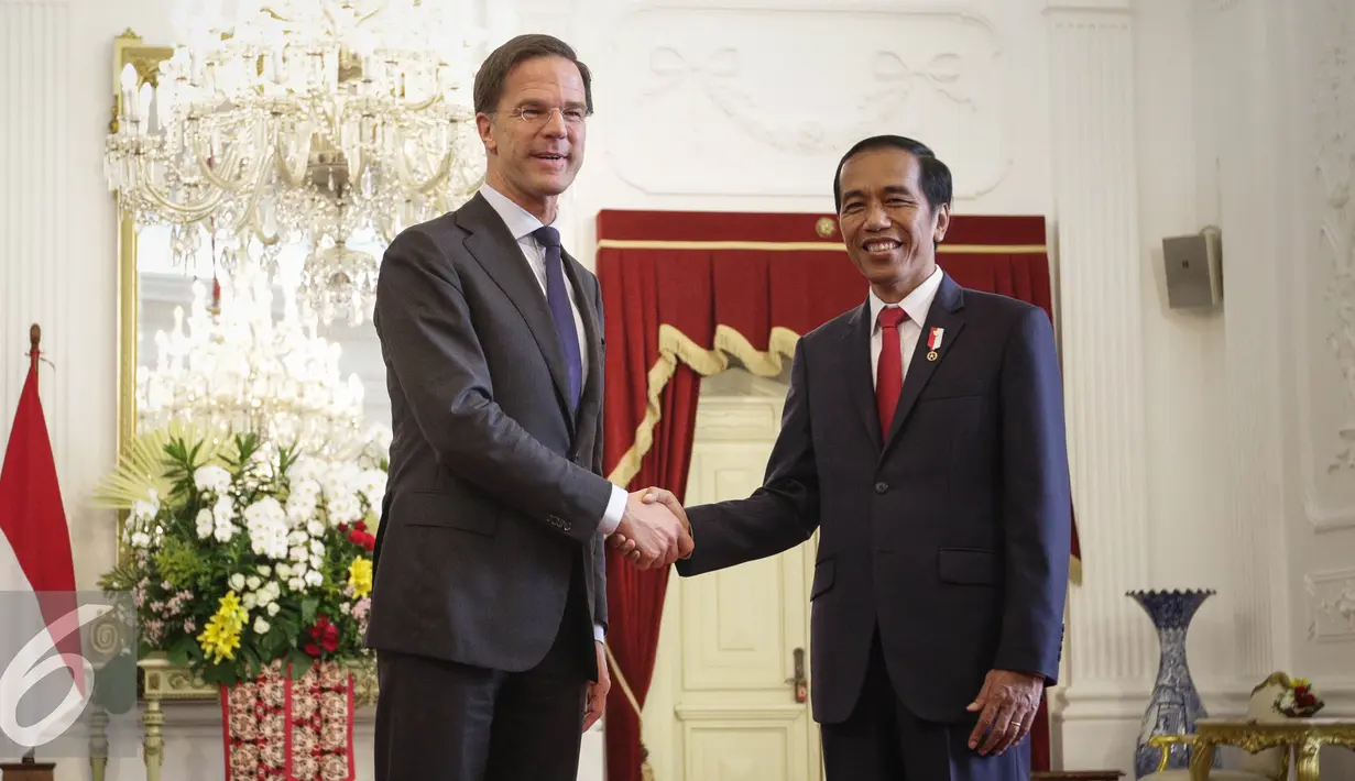 Presiden Joko Widodo berjabat tangan dengan Perdana Menteri Kerajaan Belanda Mark Rutte di Istana Merdeka, Jakarta, Rabu (23/11). Kunjungan PM Belanda di Istana Presiden ini dalam rangka menjalin kerja sama bilateral. (Liputan6.com/Faizal Fanani)
