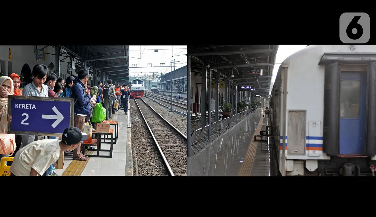 Foto kombo menunjukkan suasana arus mudik H-2 Idul Fitri 2019 (kiri) dan H-2 Idul Fitri 2020 (kanan) di Stasiun Pasar Senen, Jakarta, Jumat (22/5/2020). Larangan mudik bagi warga Jakarta karena pandemi COVID-19 menyebabkan pemandangan kontras di Stasiun Pasar Senen. (merdeka.com/Iqbal S. Nugroho)