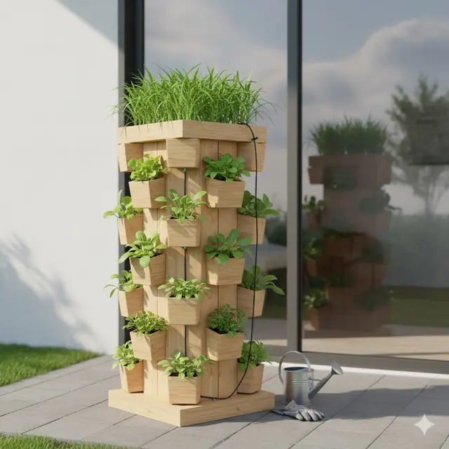 Rak Kayu Model Menara (Tower Garden) (Gemini AI)
