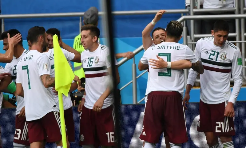 Timnas Meksiko menang 2-1 atas Korea Selatan pada laga lanjutan Grup F Piala Dunia 2018, di Rostov Arena, Sabtu (23/6/2018) malam WIB. (AFP/Khaled Desouki)