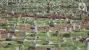 Petugas melakukan perawatan di pemakaman khusus Covid-19 di TPU Rorotan, Jakarta, Rabu (2/3/2022). Lurah Rorotan Idham Mugabe mengungkapkan sejak digunakan pada Maret 2021, saat ini luas lahan TPU Rorotan mencapai 25 hektare dan telah terisi sebanyak 6.388 petak makam. (merdeka.com/Iqbal S Nugroho)