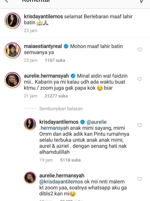 Komentar Aurel Hermansyah. (Foto: Instagram @krisdayantilemos)