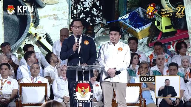 Pasangan calon gubernur dan calon wakil gubernur nomor urut 1 Ridwan Kamil-Suswono saat membacakan visi misi di debat terakhir atau debat ketiga Pilkada Jakarta 2024.