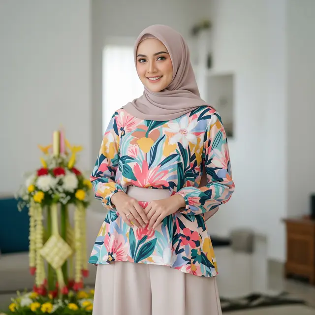 Trend Baju Set Motif Floral dan Celana Polos untuk Lebaran (Gemini AI)