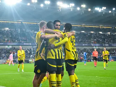 Borussia Dortmund sukses menghajar Club Brugge tiga gol tanpa balas dalam laga matchday 1 League Phase Liga Champions 2024/2025 di Stadion Jan Breydel, Kamis (19/9/2024) dini hari WIB. (AFP/Nicolas Tucat)
