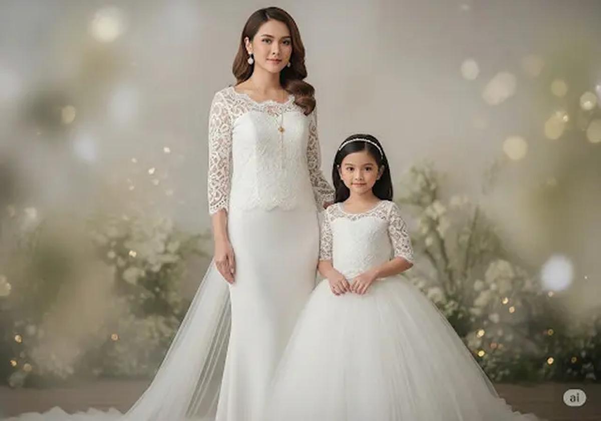 Brokat Dress Kombinasi Tulle yang Anggun/Baju Brokat Anak Kembaran dengan Ibu untuk Pesta (Sumber: gemini.com)
