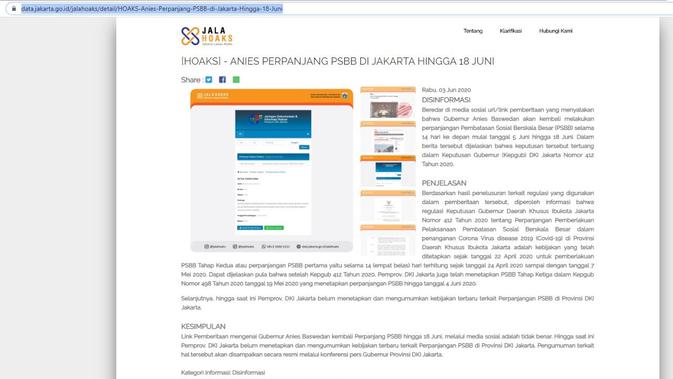 Penjelasan Diskominfo DKI Jakarta soal kabar Gubernur Anies Baswedan memperpanjang PSBB hingga 18 Juni 2020. (laman data.jakarta.go.id)