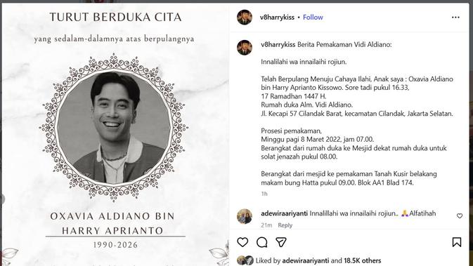 Pemakaman Vidi Aldiano Pagi Ini di Tanah Kusir, Dimakamkan di Area Belakang Makam Bung Hatta