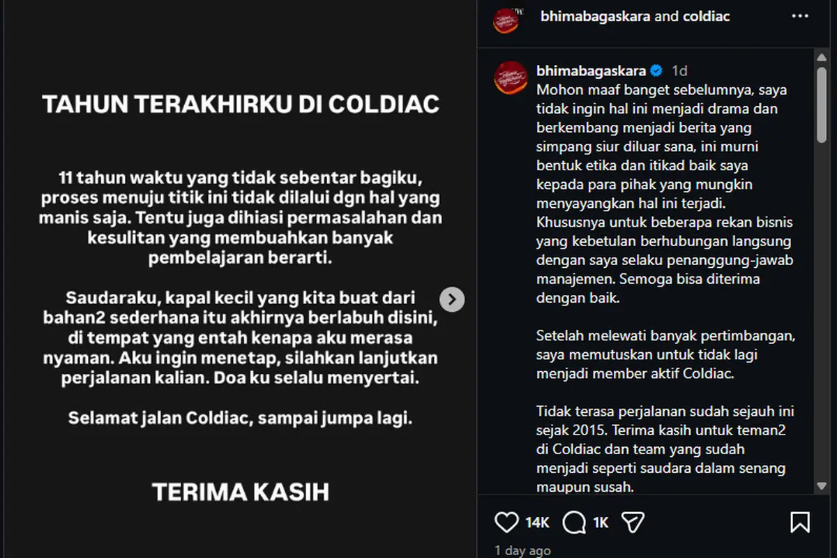 Postingan mengenai hengkangnya Bhima Bagaskara dari Coldiac, Sabtu (4/7/2026).(Instagram/@bhimabagaskara))