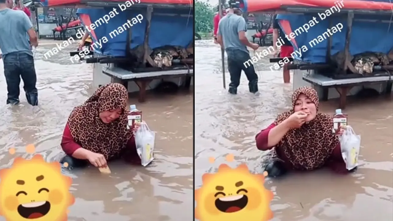 Viral Aksi Ibu-ibu Makan di Tengah Banjir, Jadi Sorotan