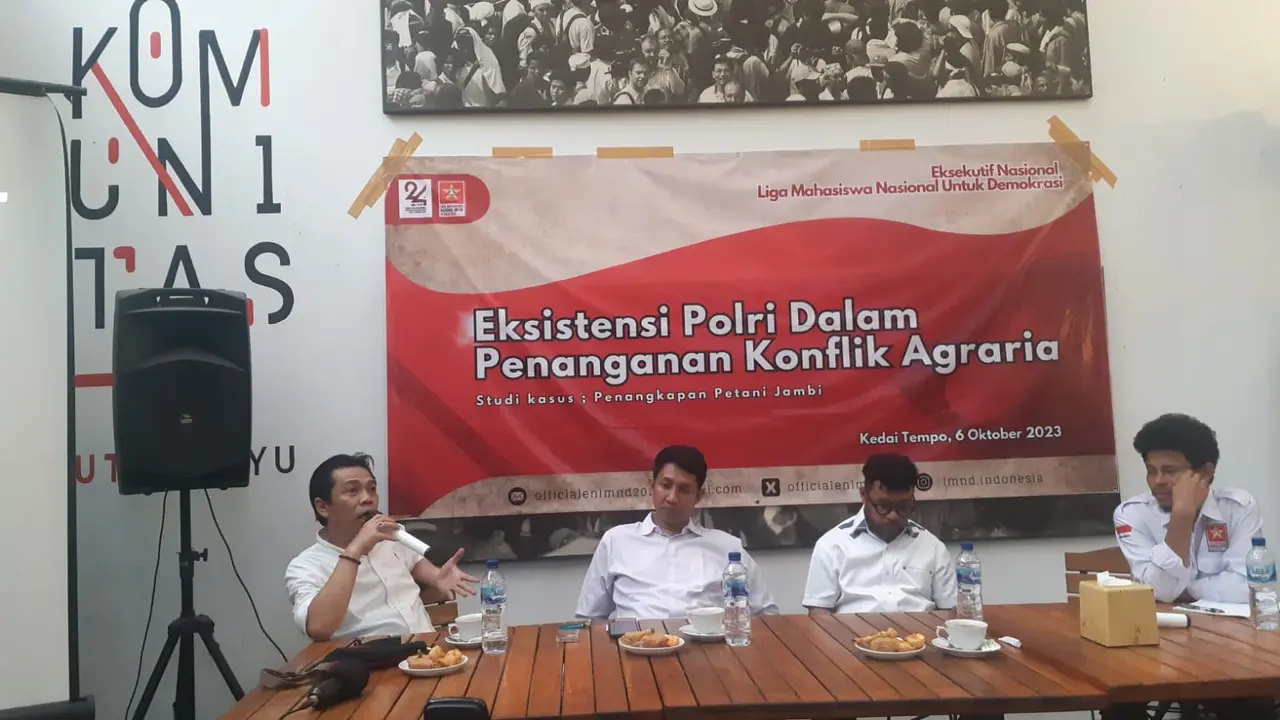 Diskusi publik yang diselenggarakan oleh EN-LMND dengan tema "Eksistensi Polri Dalam Penanganan Konflik Agraria" pada Jumat, 6 Oktober 2023. (Liputan6.com/ ist)
