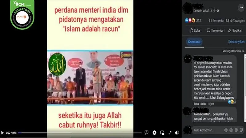 Gambar Tangkapan Layar Video Hoaks yang Diklaim PM India Sebut Islam adalah Racun (sumber: Facebook).