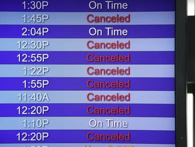 Papan pemberitahuan keberangkatan Southwest Airlines di terminal Bandara Internasional Denver di Denver, Senin (3/1/2022). Badai musim dingin ditambah pandemi membuat frustrasi pelancong yang penerbangan pulang dari liburannya dibatalkan atau ditunda di awal tahun baru. (AP Photo/David Zalubowski)