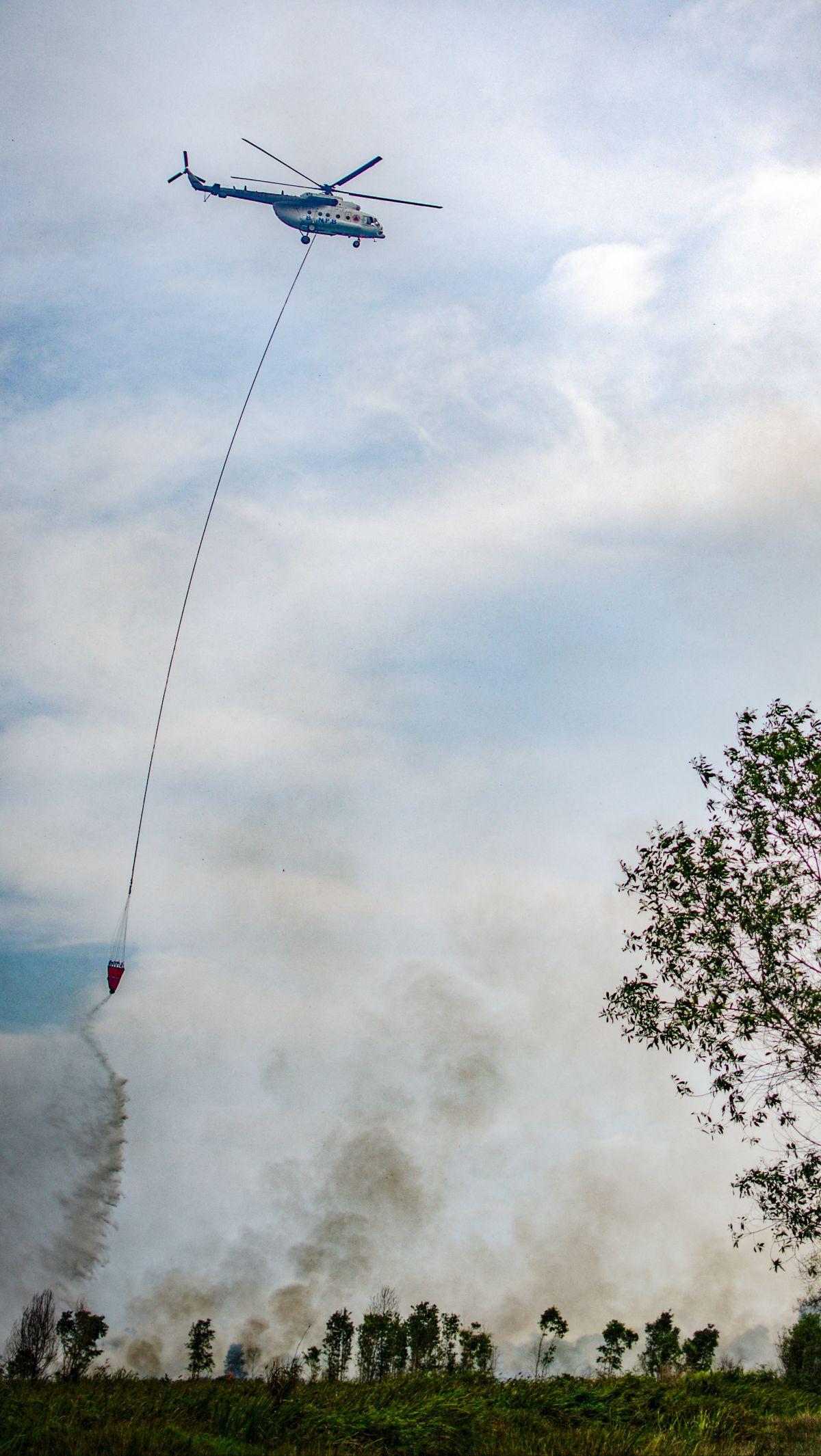 Dalam foto yang diperoleh AFP pada 27 Agustus 2024, sejumlah petugas pemadam tampak berjibaku menjinakkan kobaran api yang melalap sebuah lahan di Ogan Ilir. Helikopter juga diterjunkan untuk melakukan pemadaman melalui metode <i>waterbombing</i>.&nbsp;Fo
