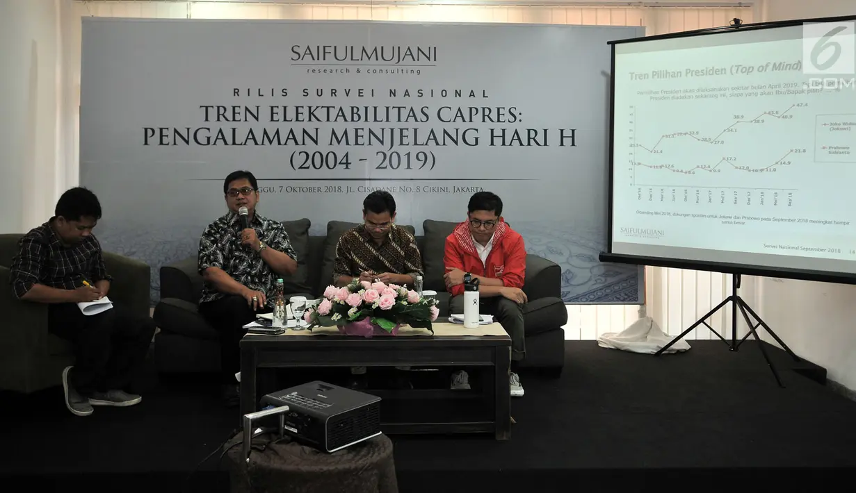 CEO SMRC Djayadi Hanan, juru bicara Jokowi-Ma'ruf Andy Budiman, juru bicara Prabowo-Sandi Viva Yoga Mauladi saat rilis hasil survei nasional Tren Elektabilitas Capres: Pengalaman Menjelang Hari H (2004-2019), Jakarta (7/10). (Merdeka.com/Iqbal S Nugroho)
