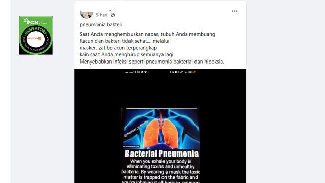 Tangkapan klaim mengenakan masker menghirup racun sebabkan infeksi pneumonia bakterial dan hipoksia
