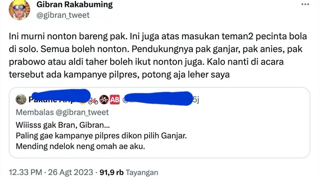 Unggahan Gibran Rakabuming Raka saat dituduh akan kampanye terselubung dalam nonton bareng final Piala AFF U-23 di depan Balai Kota Solo, Sabtu (26/8/2023). (Foto: Dok. Twitter @gibran_tweet)
