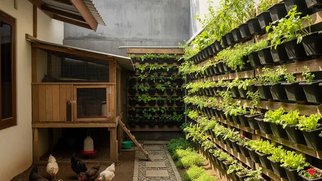 Cara Menata Ternak Ayam Kampung dan Kebun Vertikal di Halaman Sempit (AI)
