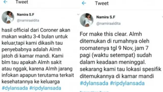 Cuitan Aldita Namira, adik Dylan Sada, soal fakta kematian kakaknya (https://twitter.com/namiraaldita/status/1326013708024258560)