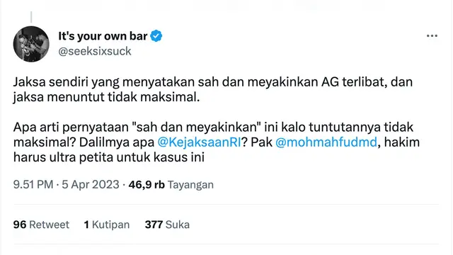 Cuitan Jonathan Latumahina ayah David Ozora. (Foto: Dok. Twitter @seeksixsuck)