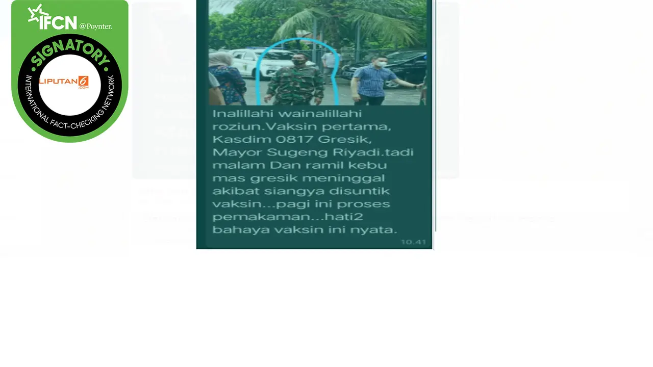 Hoaks Kasdim 0817/Gresik Mayor Inf Sugeng Riyadi meninggal dunia setelah mendapat vaksin covid-19