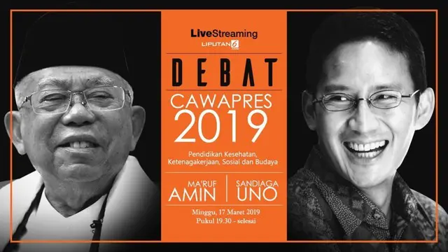 Debat cawapres di Pilpres 2019 antara kandidat nomor urut 01 Ma'ruf Amin dan nomor urut 02 Sandiaga Uno dijadwalkan akan digelar di Hotel Sultan Jakarta pada Minggu, 17 Maret 2019.
