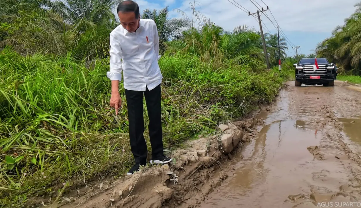 Presiden Joko Widodo atau Jokowi meninjau kondisi ruas jalan Gunting Saga di Kabupaten Labuhanbatu Utara, Sumatera Utara (Sumut), Rabu (17/5/2023). (FOTO: Dok. Agus Suparto/Biro Pers Kepresidenan)