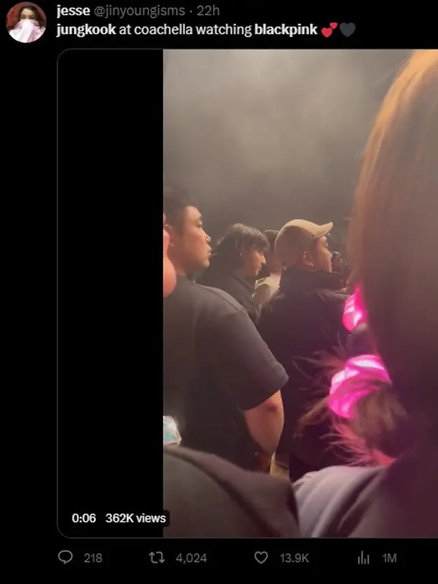 Unggahan warganet tentang keberadaan Jungkook BTS yang ikut menyaksikan Blackpink manggung di Coachella. (Tangkapan layar Twitter/ jinyoungisms)
