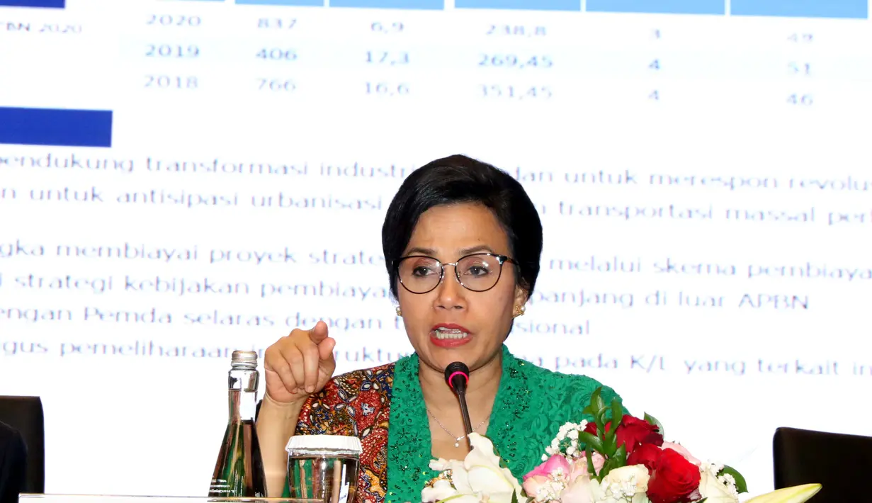 Menteri Keuangan Sri Mulyani saat menyampaikan Rencana Kerja Pemerintah dan Nota Keuangan serta RAPBN 2020 di Auditorium Cakti Buddhi Bhakti KPDJP, Jakarta, Jumat (16/8/2019). Sejumlah menteri terkait ikut hadir dalam penyampaian tersebut. (Liputan6.com/Helmi Fithriansyah)