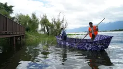 Warga desa menyingkirkan gulma air di Desa Gusheng di Dali, Provinsi Yunnan, China barat daya, pada 14 September 2020. Terletak di tepi Danau Erhai, Desa Gusheng menuai manfaat dari perbaikan ekologis Danau Erhai dan peningkatan jumlah wisatawan yang berkunjung. (Xinhua/Chen Xinbo)