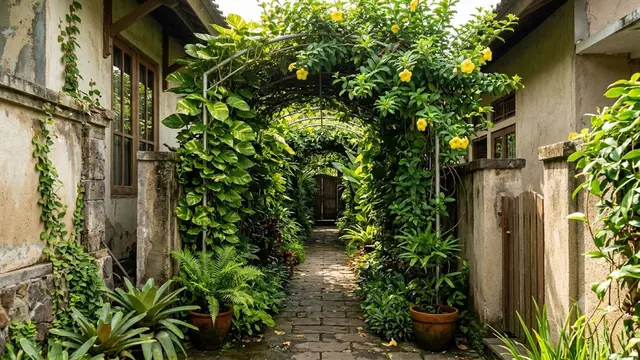 Lorong Hijau dengan Kanopi Tanaman Rambat
