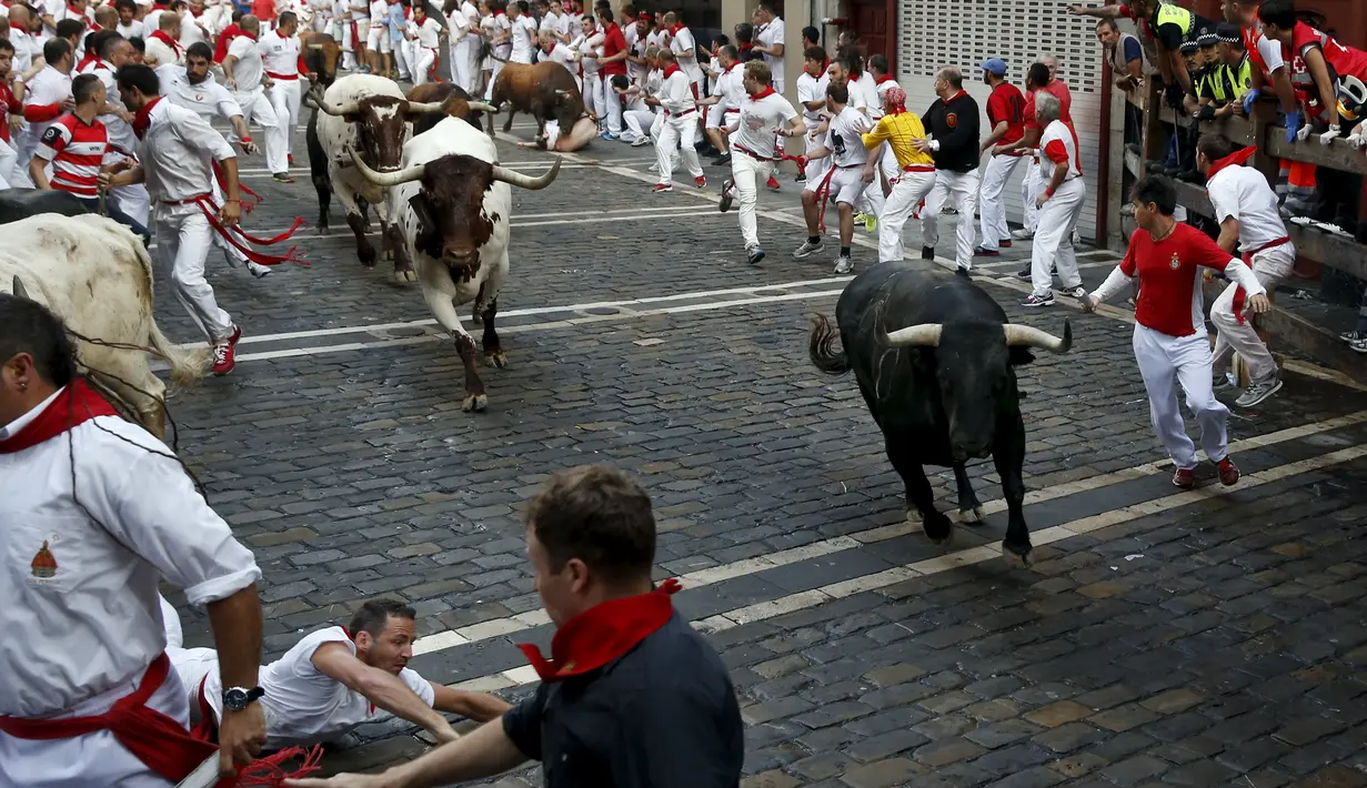 Di festival ini banteng dilepas di jalanan. Sang banteng pun berlari siap menabraki para pengunjung yang memadati jalan Pamplona, Spanyol, Selasa (7/7/2015). (Reuters/Susana Vera)