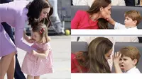 Momen saat Kate Middleton menyikapi Putri Charlotte yang tantrum saat kunjungan tahun 2017 ke Jerman (kiri), dan Pangeran Louis yang tantrum saat Platinum Jubilee 2022 (kanan) | Foto: Getty Images