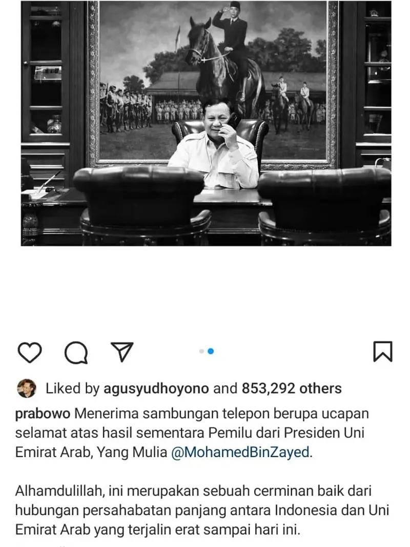 Presiden Uni Emirat Arab Mohammed Bin Zayed atau MBZ ucapkan selamat ke calon presiden Prabowo Subianto.