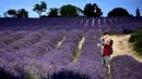 Seorang pria menggendong anak laki-laki di ladang lavender di Sale San Giovanni, Cuneo, Italia, 29 Juni 2021. Bunga lavender bermekaran menyajikan pemandangan yang indah. (MARCO BERTORELLO/AFP)