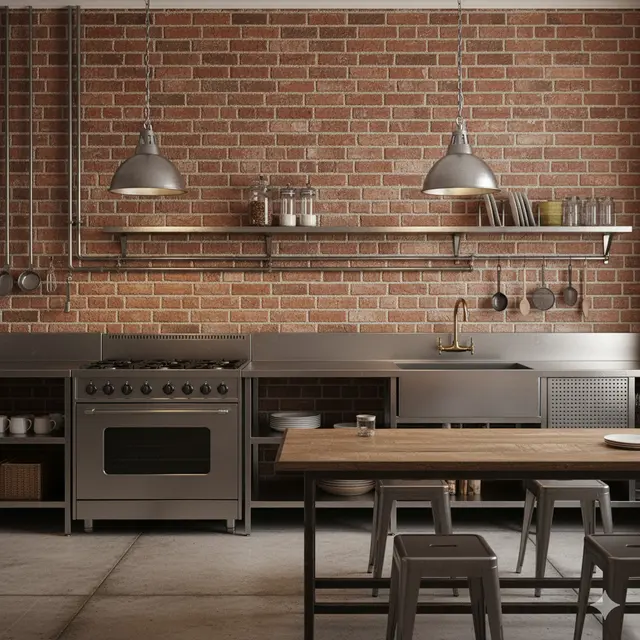Dapur Industrial Minimalis/Inspirasi Dapur Sederhana dengan Dinding Bata EksposInspirasi Dapur Sederhana dengan Dinding Bata Ekspos (Sumber: gemini.com)