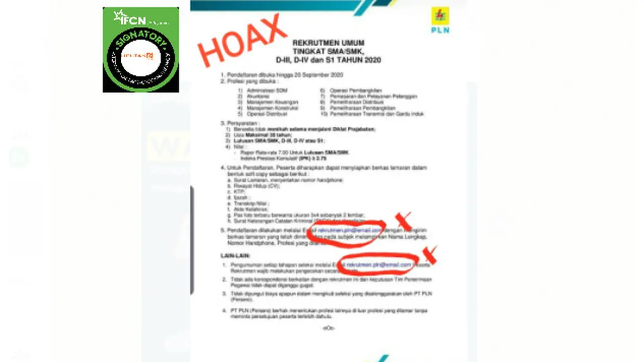 Cek Fakta Liputan6.com menelusuri informasi surat rekrutmen pegawai PLN untuk lulusan SMU hingga S1 tahun 2020
