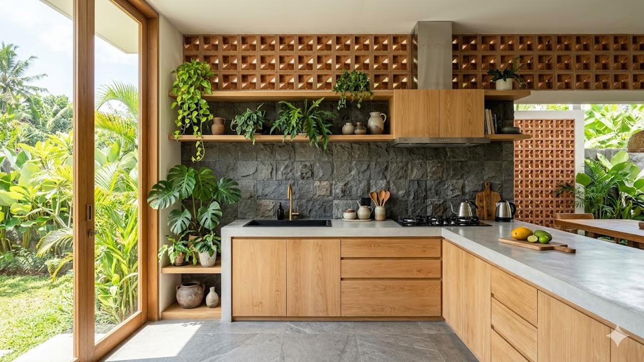 Desain Dapur Bergaya Tropis Modern Kombinasi Roster dan Batu Alam