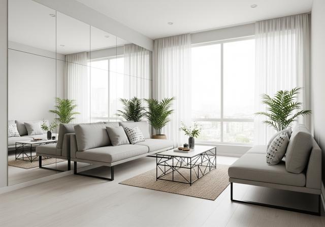 Kekuatan Cermin dan Permukaan Reflektif/Inspirasi Desain Ruang Tamu Luas di Rumah Kecil (Sumber: gemini.com)