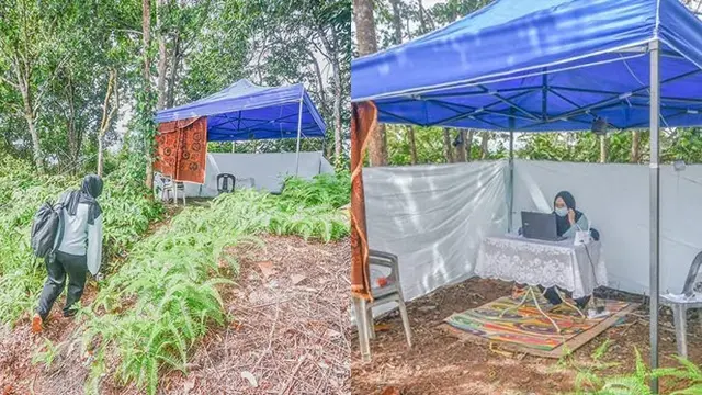 Tidak Ada Jaringan, Ayah Ini Bangun Tenda Diatas Bukit untuk Kuliah Online Sang Anak