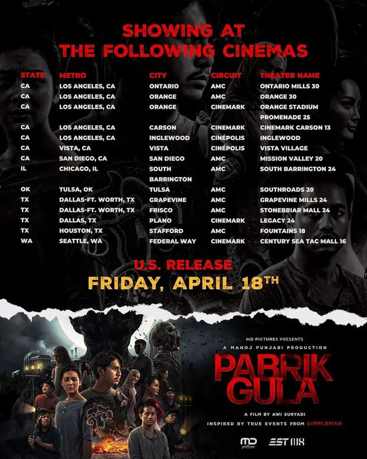 Film Pabrik Gula Tayang di 14 Bioskop Amerika Mulai 18 April 2025, Dari Chicago Hingga Los Angeles