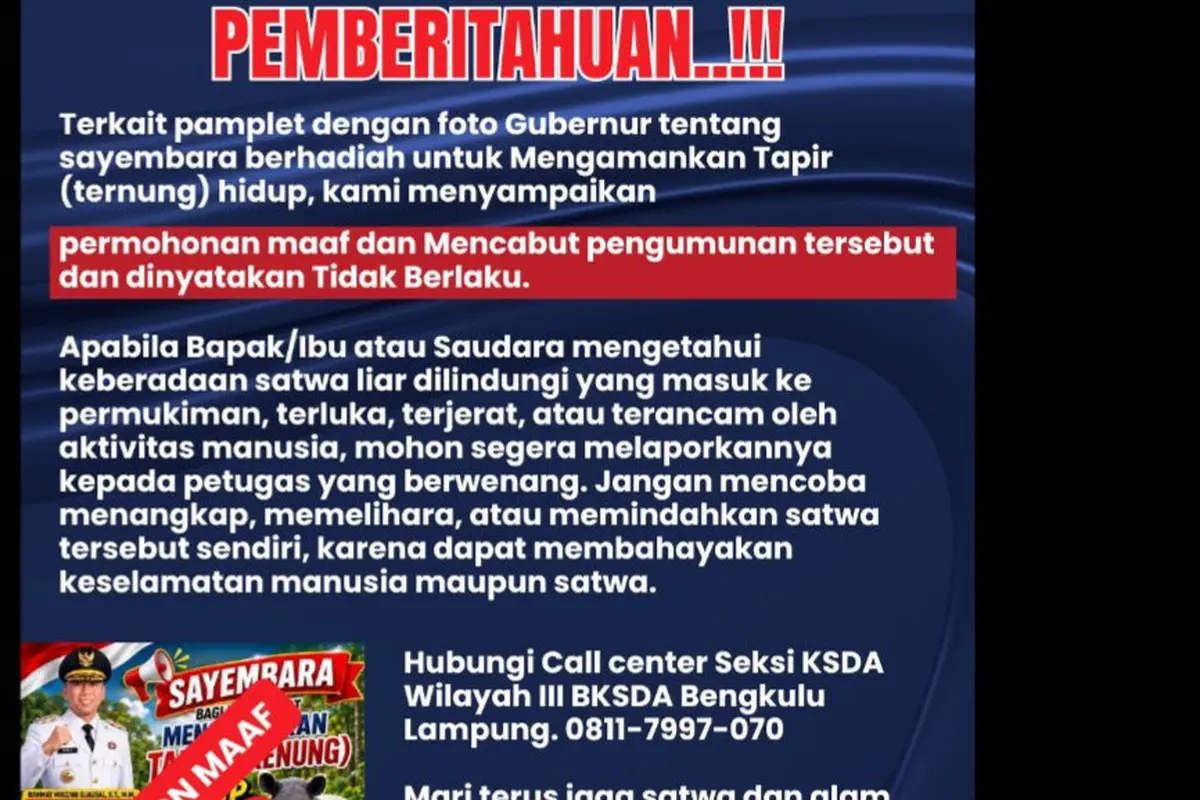 Sayembara Tangkap Tapir Hidup-Hidup Berhadiah Rp50 Juta di Mesuji Resmi Dicabut, BBKSDA Ungkap Alasannya