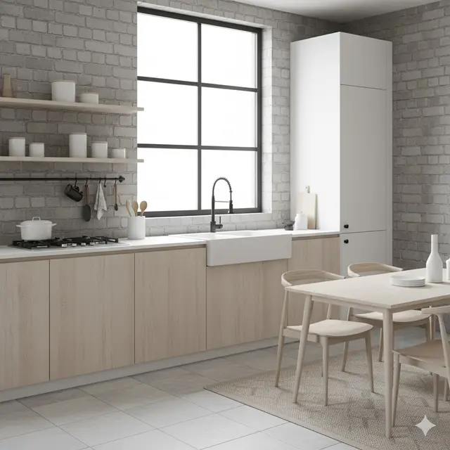 Dapur Skandinavian dengan Bata Grayscale/Inspirasi Dapur Sederhana dengan Dinding Bata EksposInspirasi Dapur Sederhana dengan Dinding Bata Ekspos (Sumber: gemini.com)