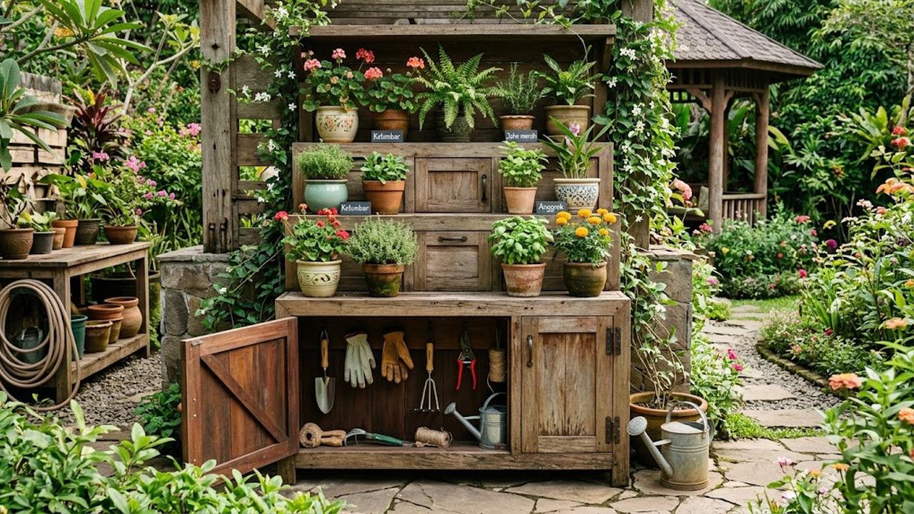 Ide Tempat Penyimpanan Pot dan Alat Berkebun yang Menyatu dengan Taman/AI Generated