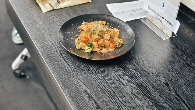 Korean Pasta with Tori Uma Chicken.
