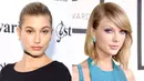 Hailey Baldwin sempat menyindir Taylor Swift dengan mengatakan "aku nggak mengerti Taylor Swift squad. Aku nggak tahu maksud adanya squad. Yang aku punya hanya teman," ujarnya. (Mike Marsland/WireImage; Jeff Vespa/WireImage/US Magazine)
