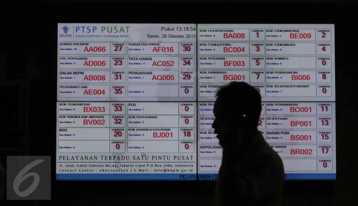 Seorang pria melintas di depan layar PTSP, Jakarta, Senin (26/10/2015). Pelayanan Terpadu Satu Pintu (PTSP) merupakan komitmen pemerintah demi memberikan pelayanan prima dan cepat kepada investor. (Liputan6.com/Angga Yuniar)