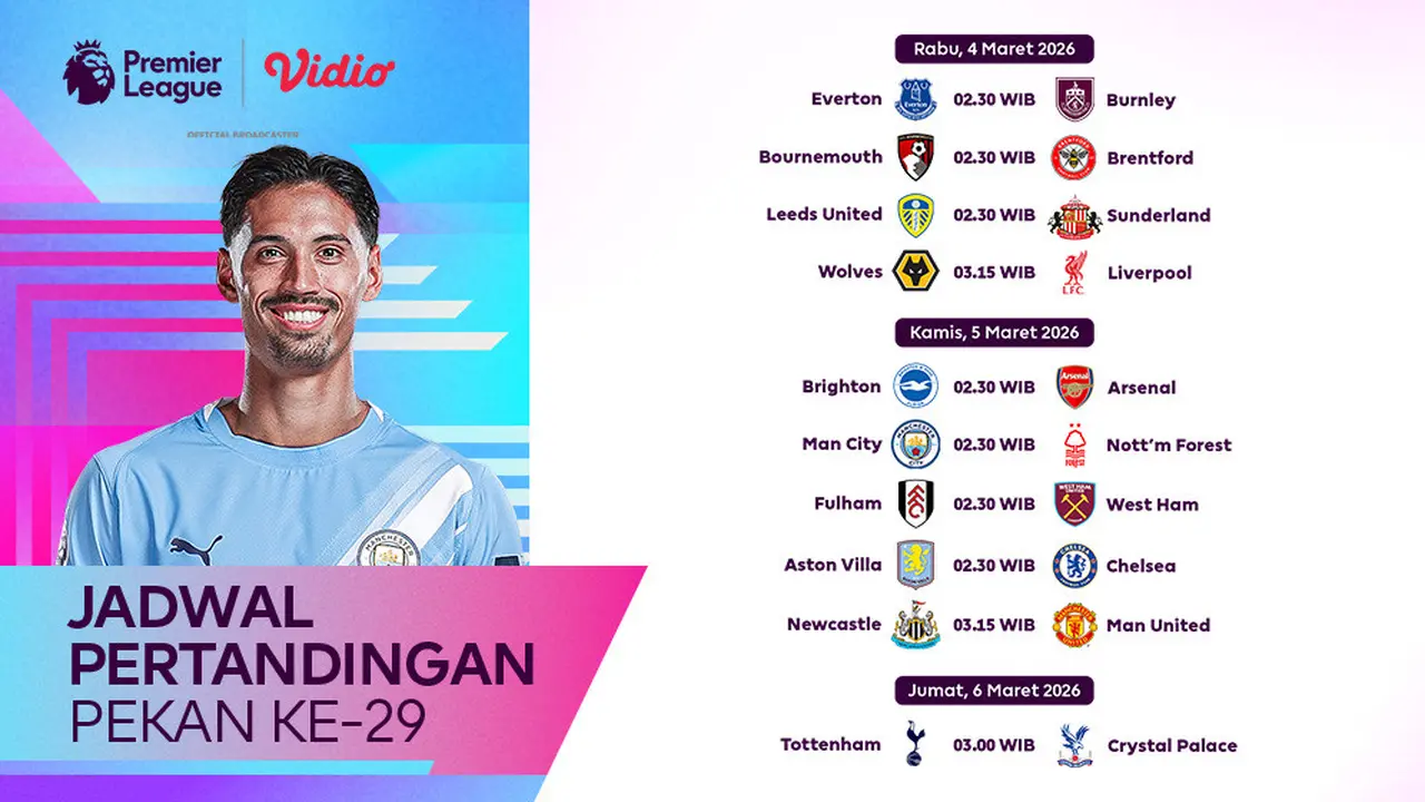 Jadwal Premier League Pekan ke-29 Musim 2025-26.
