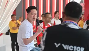 Kevin Sanjaya Sukamuljo hadir di meet and greet Polytron Indonesia Open 2026 di Istora Gelora Bung Karno Senayan, Jakarta, Jumat (5/6/2026). (Bola.com/PBSI)